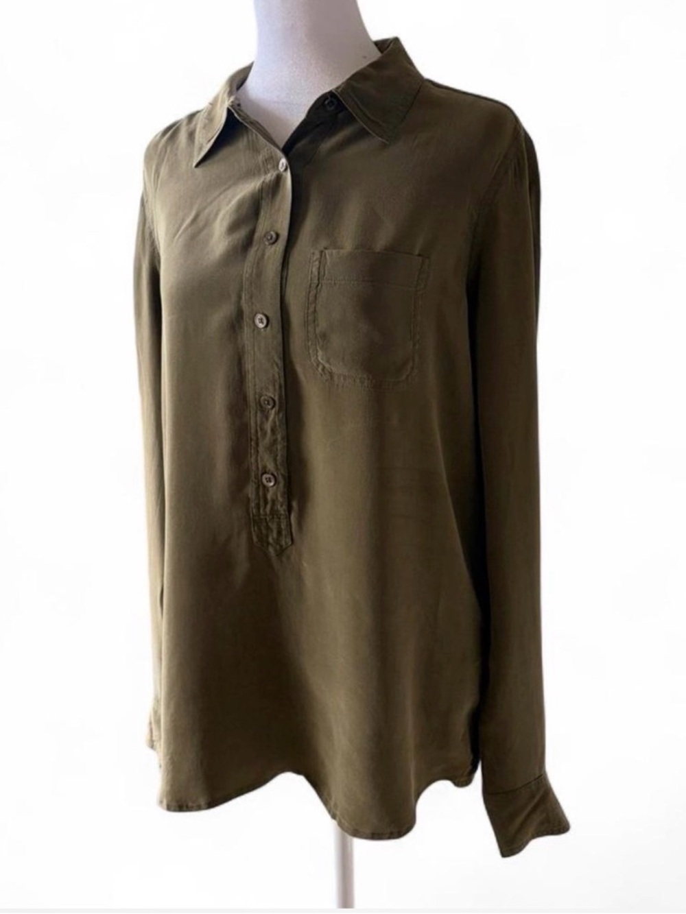 Equipment Olive Green Button Pullover Shirt 100% Silk